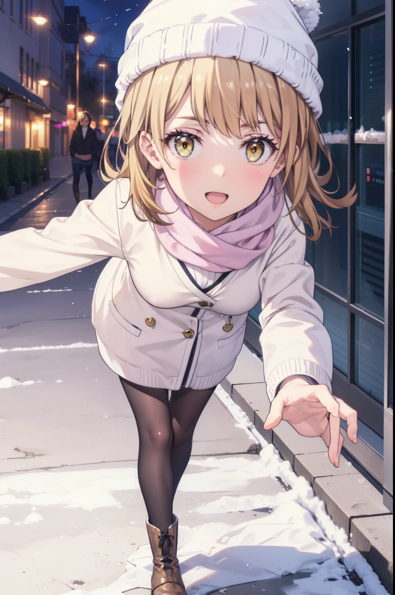 Irohaisshiki, isshiki iroha, Long Hair, Brown Hair, (Brown eyes:1.5), smile,Open your mouth,White Breath,low twin tail,Knitted hat,White scarf,Yellow long coat Open front,Pink v-neck sweater,Short denim,Black pantyhose,short boots,Walking,snowが降っている,snowが積もっている,moon,night,snow,snow,snow,snow,whole bodyがイラストに入るように, break outdoors, Building district,
break looking at viewer,whole body,
break (masterpiece:1.2), Highest quality, High resolution, unity 8k wallpaper, (figure:0.8), (Beautiful attention to detail:1.6), Highly detailed face, Perfect lighting, Highly detailed CG, (Perfect hands, Perfect Anatomy),