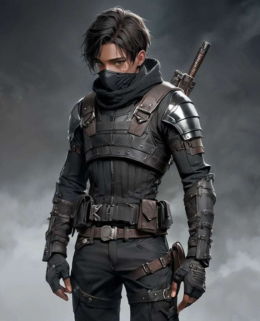 masterpiece, best quality, realistic, 1man, quiet young man, 21 years old, the winter soldier, burn scars on skin, eyes visable, black skin, masculine features, fit, looking worn down, african american man, dark skin, kevlar armor (like swat), Post-apocalypse, doomsday wasteland style, fingerless gloves, gloves, belt, full body, armor, standing, simple background, military kit, mask (covering mouth), vigilante, slight western aesthetic mixed with modern aesthetic, daredevil, green eyes, scars on face, burn scars on face, 