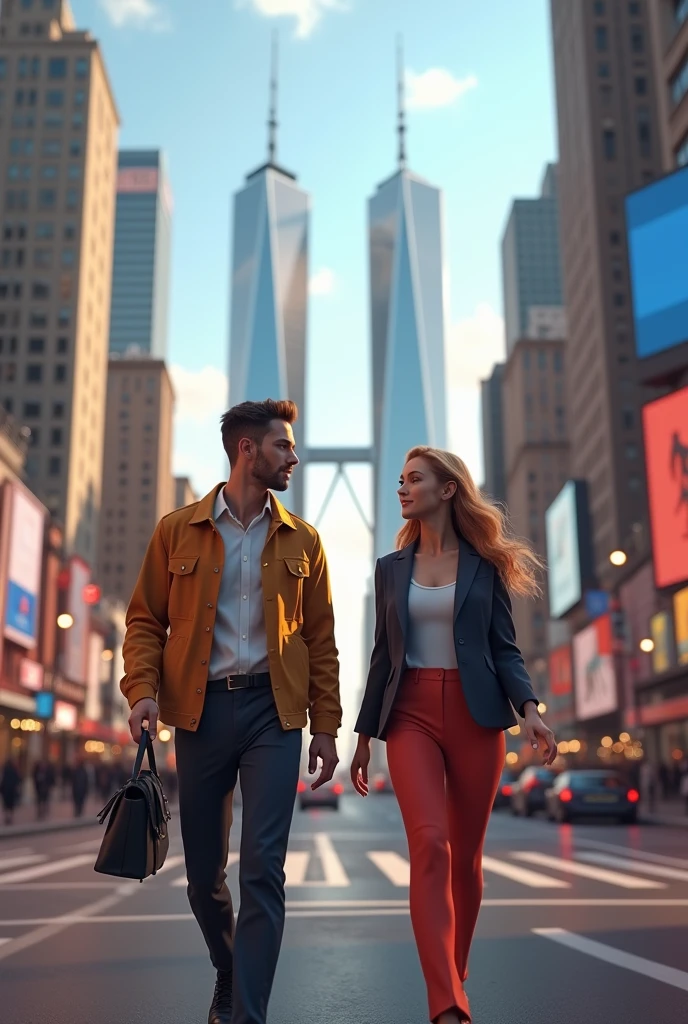 A Man and a Woman in the city of USA with the twin towers in the background 3D Animation