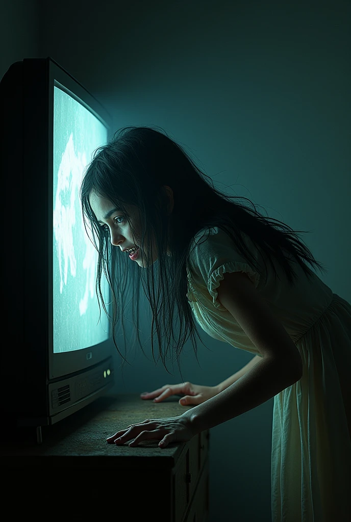Very scary and horror girl coming out of tv with her long black hairs 