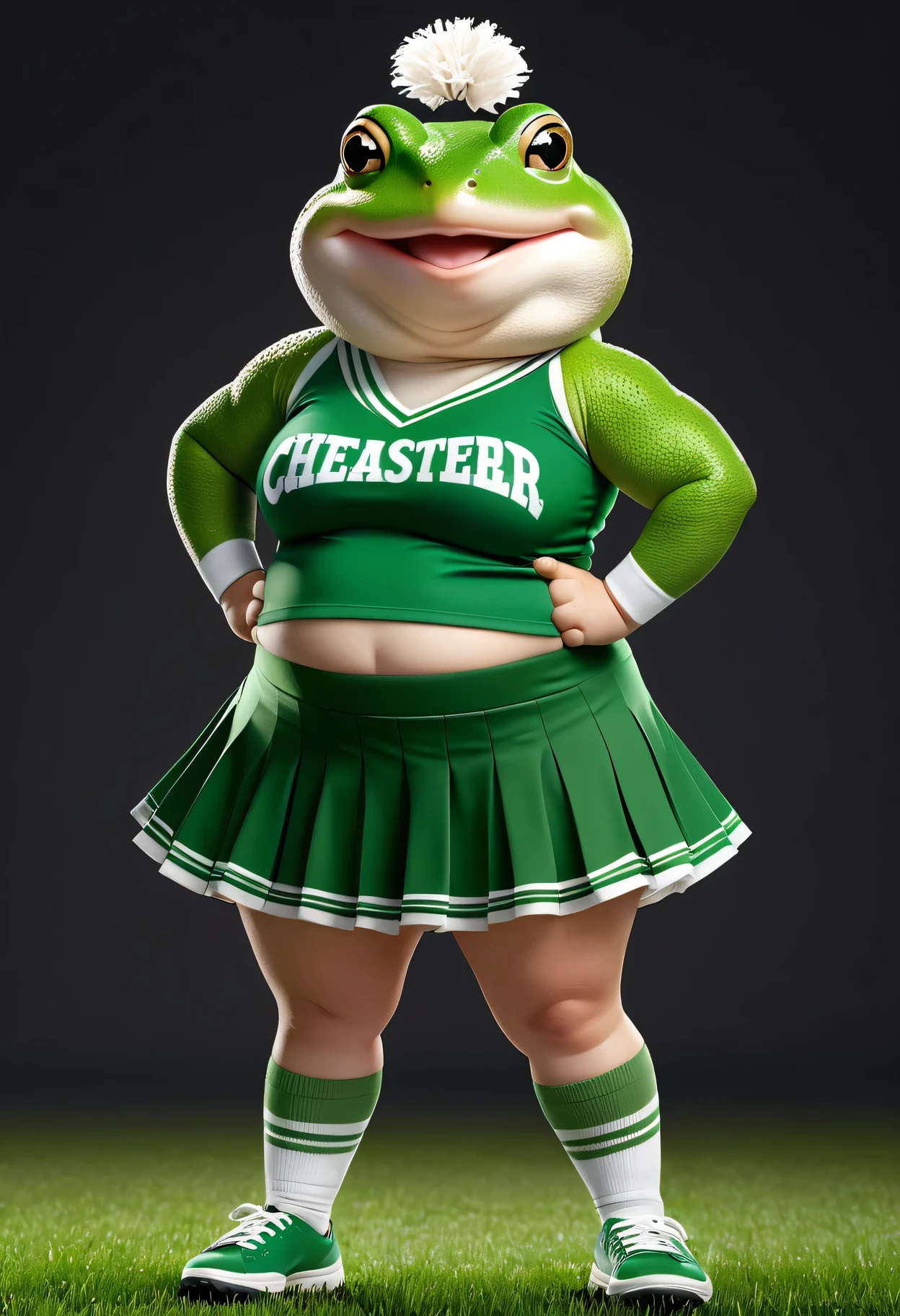 photorealistic portrait of Dressed animals - a ((fat)) green (toad) cheerleader,(full body image from head to toe:2.0), (hands on hips:2.0),(standing), (happy smile:1.2),high quality,(lovely) , highly detailed cute top with team logo ,intricate detailed short pleated skirt, highly detailed ((cheerleader's costume)) ,(highly detailed sox and sneakers),(natural toad skin ), (happy), natural lighting,, grass sports field background,
