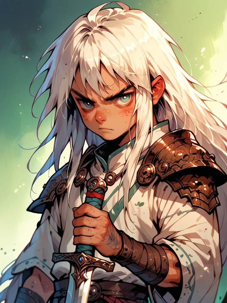 score_9, score_8_up, score_7_up, score_6_up, solo, 1 boy, , long hair, white hair, wearing bones shoulder armor, pauldrons, holding a sword, g4n1m3,