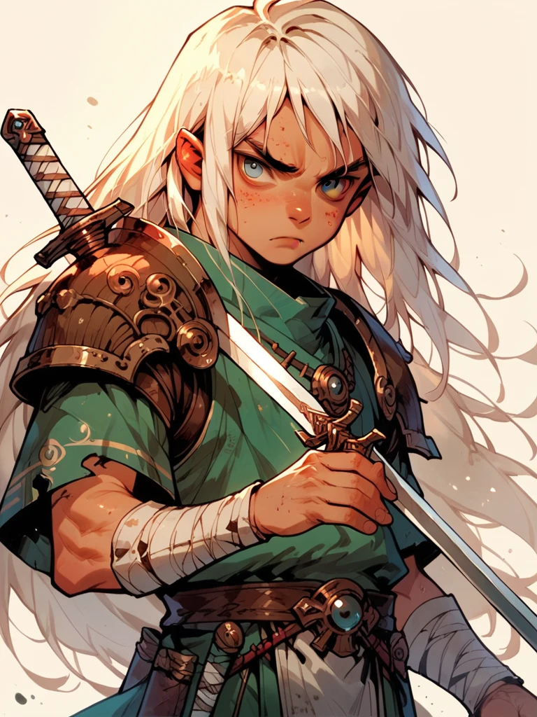 score_9, score_8_up, score_7_up, score_6_up, solo, 1 boy, ???, long hair, white hair, wearing bones shoulder armor, pauldrons, holding a sword, g4n1m3,