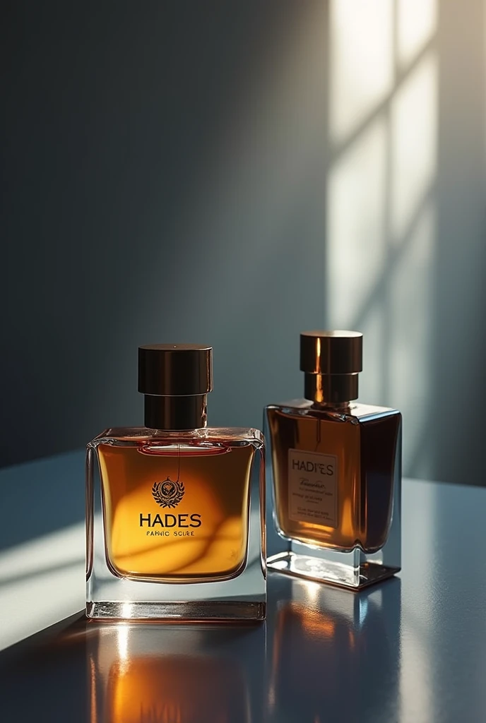 two realistic perfume bottle with logo with the name Hades a unique design in several different positions and angles as if in a magazine. create a background scenario.