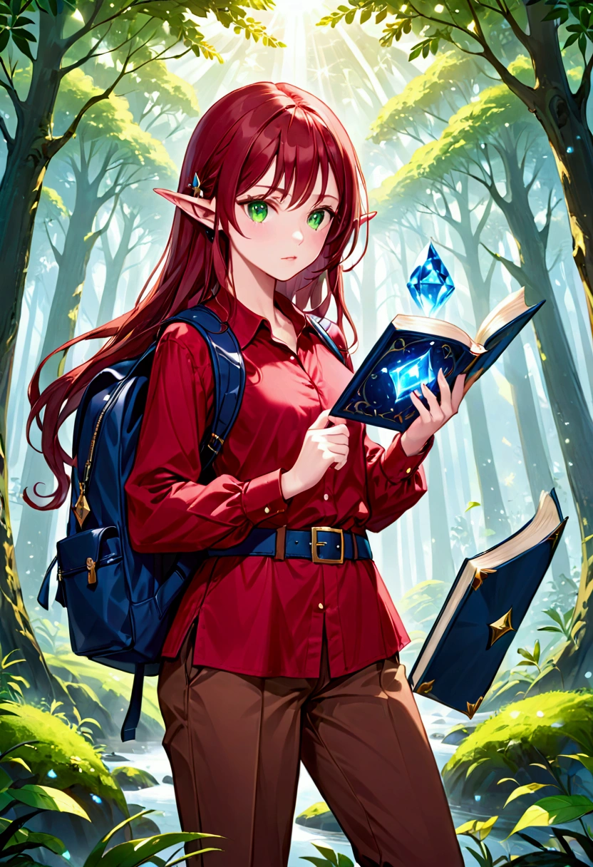 Elf with pink skin tone, greeneyes, long dark red hair down to the legs, with a serious face. She is wearing brown pants with a belt and a large red blouse.. On her shoulder she holds a dark blue backpack. In one hand, she holds a magic book. In the other hand, there is a diamond INSIDE your skin. Ao fundo, She's in a magical forest
