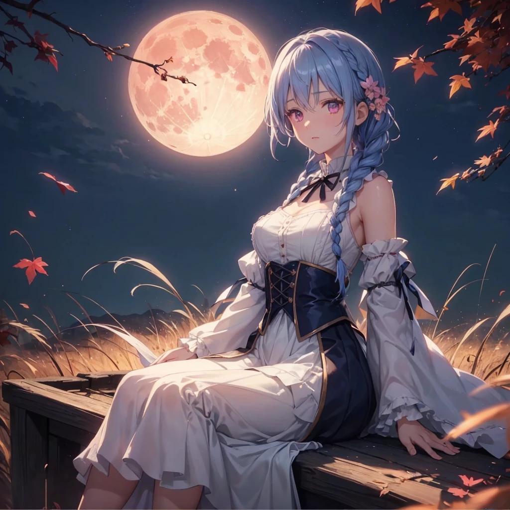 (Braiding),(Sky blue medium hair), (Pink eyes),(Fair skin)  ,(whole body),(One Girl),(harvest moon),(A large amount of Miscanthus sinensis in the background),autumn,(full moon),(masterpiece, Highest quality, Very detailed, Best Shadow), (Detailed Background), (Beautifully detailed face), High Contrast, (Best lighting, Very delicate and beautiful), ((Cinematic Light)), Hyper Detail,8k, Dramatic Light, Intricate details,Maple