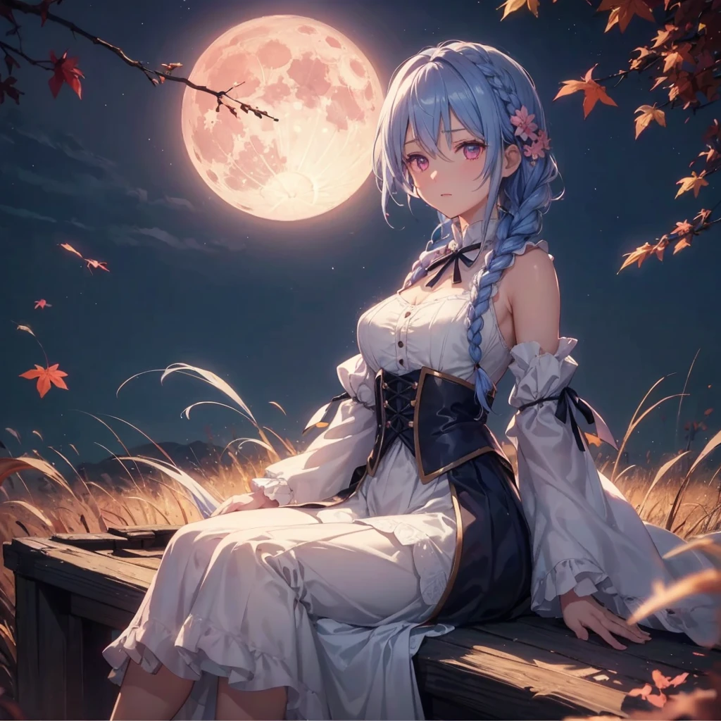 (Braiding),(Sky blue medium hair), (Pink eyes),(Fair skin) ,(whole body),(One Girl),(harvest moon),(A large amount of Miscanthus sinensis in the background),autumn,(full moon),(masterpiece, Highest quality, Very detailed, Best Shadow), (Detailed Background), (Beautifully detailed face), High Contrast, (Best lighting, Very delicate and beautiful), ((Cinematic Light)), Hyper Detail,8k, Dramatic Light, Intricate details,Maple