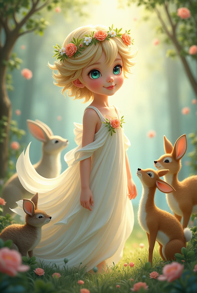A boy god with pretty blonde hair with flower crown with long white dress pink cheeks rosy lips and blue green eyes with brunette hair talking to animals