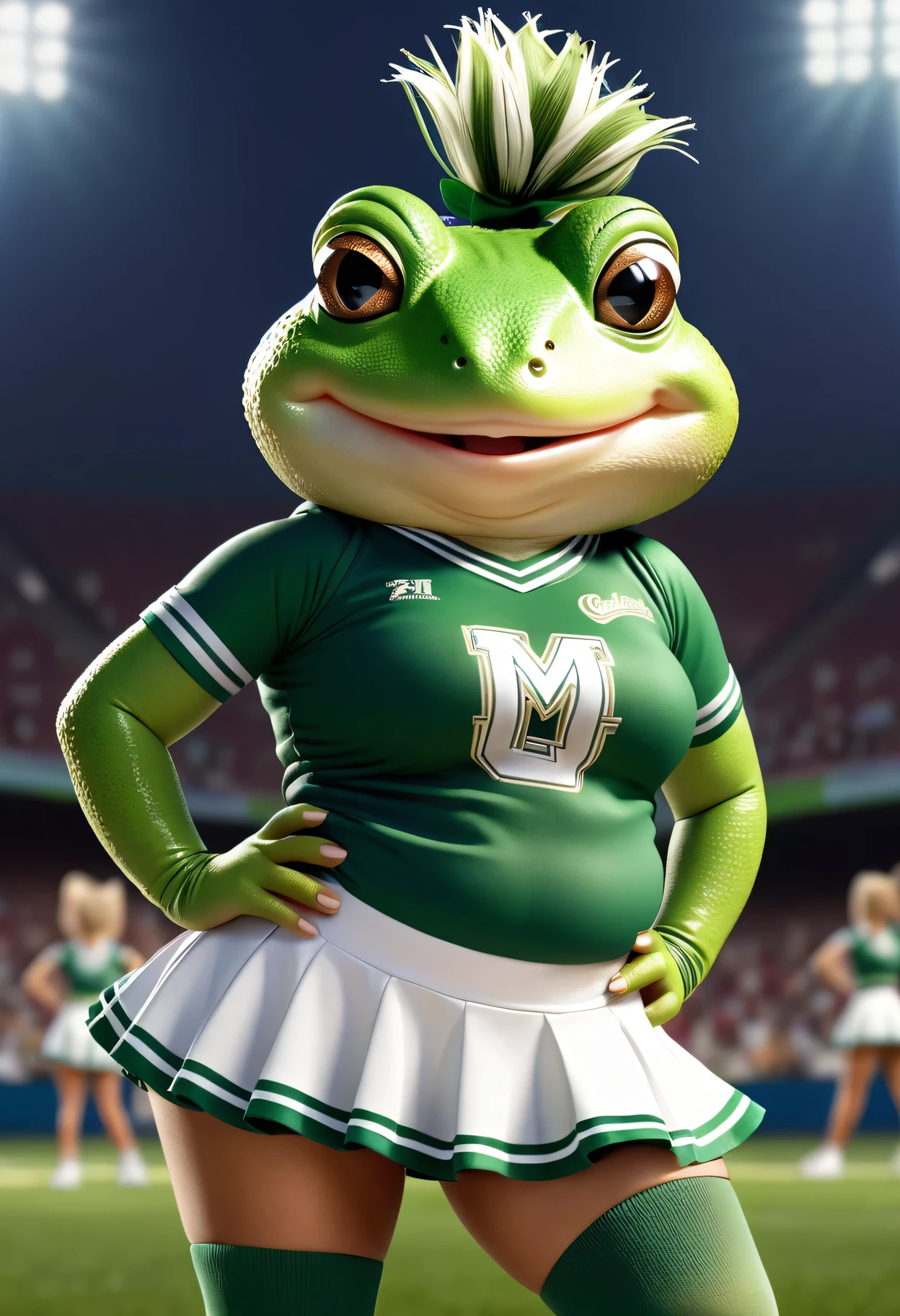 photorealistic portrait of Dressed animals - a ((fat)) cute green (toad) cheerleader,(full body image from head to toe:2.0), (hands on hips:2.0),(standing), (happy smile:1.2),high quality,(lovely) , highly detailed cute top with team logo ,intricate detailed short pleated skirt, highly detailed ((cheerleader's costume)) ,(highly detailed sox and sneakers),(natural toad skin), (happy), natural lighting,, grass sports field background,