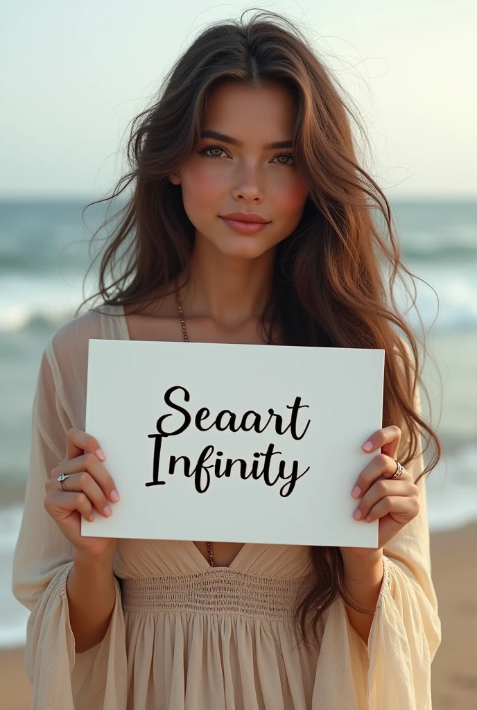 Beautiful girl with wavy long hair, bohemian dress, holding a white board with text "I Love Seaart Infinity" and showing it to the viewer