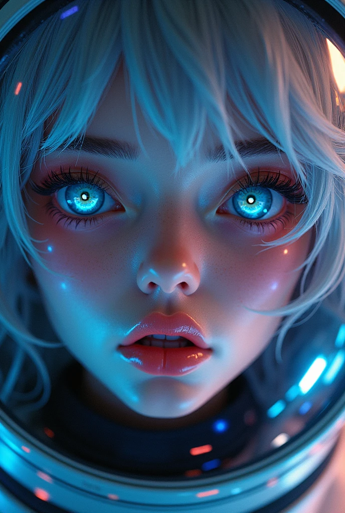 (Close-up of a better masterpiece:1.5)0.9], (Space and astronauts:1.2) (Messy silver hair:1.1) (Heterochromia xanthochromia and blue eyes:1.2) (Space Helmet:1.0) (Colored stars in the eyes:1.0) (A radiant glow:1.1) (thick lips:0.9)