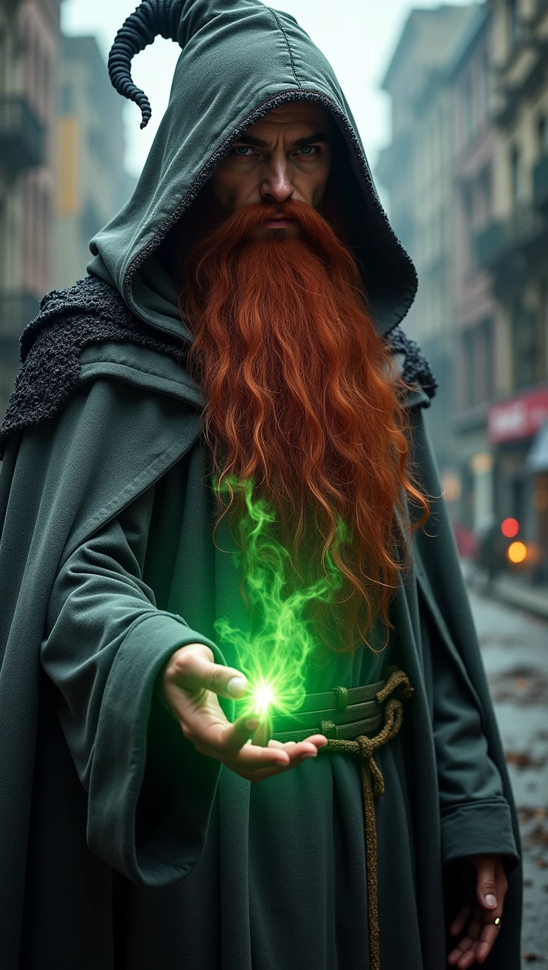 A red-haired wizard with a long beard, wearing a gray cloak with black and a pointed hood, he holds a wand in his hand as green magic comes out of it, behind him is a post apocalyptic city with a dark fog.