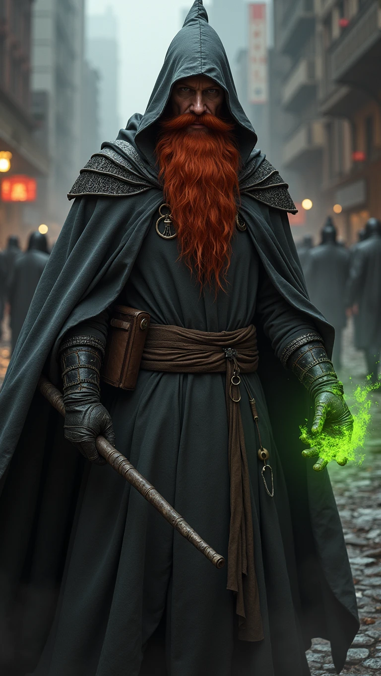 A red-haired wizard with a long beard, wearing a gray cloak with black and a pointed hood, he holds a wand in his hand as green magic comes out of it, behind him is a post apocalyptic city with a dark fog.