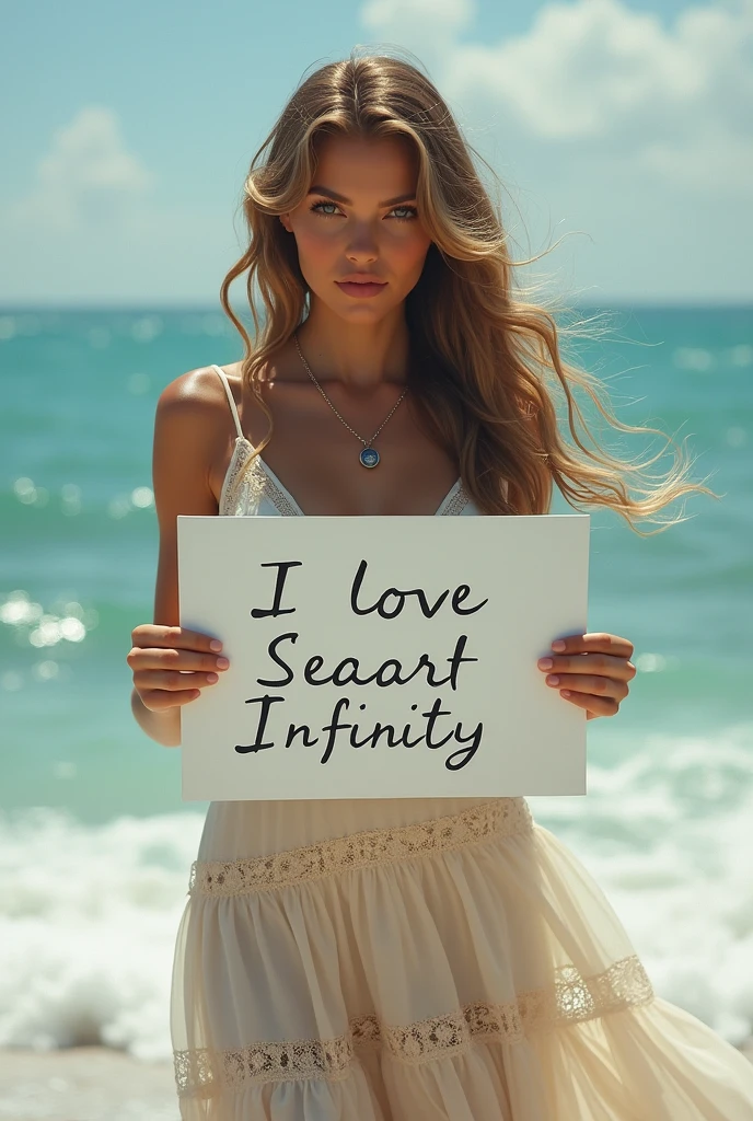 Beautiful girl with wavy long hair, bohemian dress, holding a white board with text "I Love Seaart Infinity" and showing it to the viewer