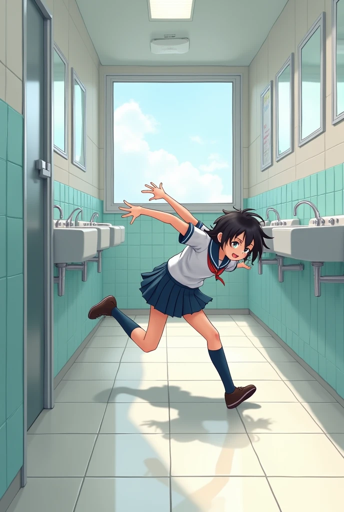 Create for me a Korean girl falling in the bathroom and hurting her foot school uniform ms