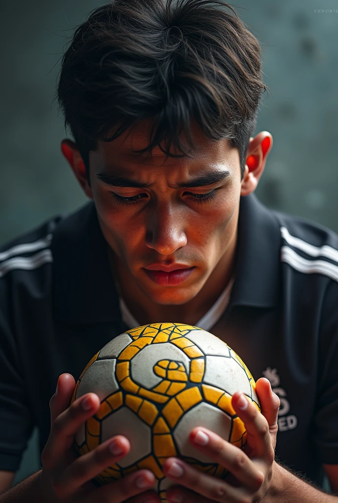 A young man crying while watching the Barca crest with 6 Champions League titles
