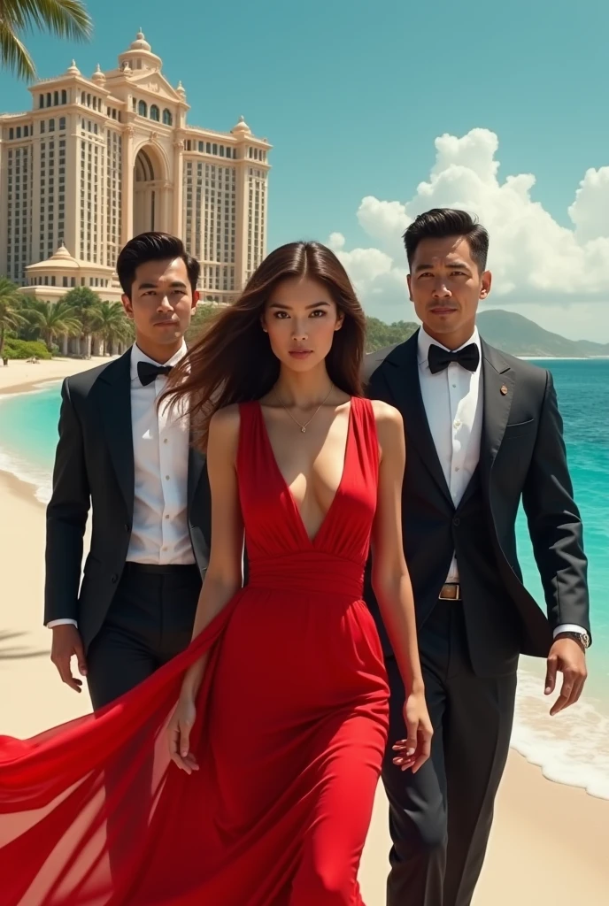 I want a cover for my book where it appears, a beach with a very luxurious hotel, Three men, two of whom are Asian, and a young Latin American woman with brown hair and gray eyes, dressed in a red dress.