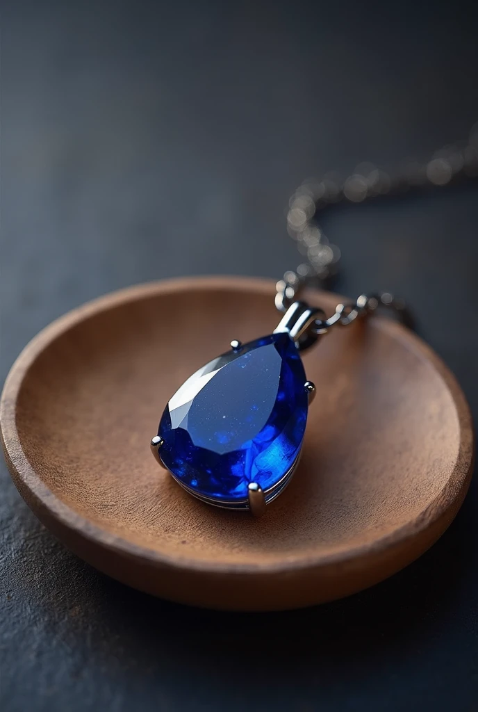 December Birthstone、10 carat lapis lazuli－Necklace、It is placed on a wooden plate、The background is gray, Surrealism, Verism, Fujicolor, cinematic lighting, UHD, accurate, super detail, masterpiece, high details, super detail, high quality, best quality, highres