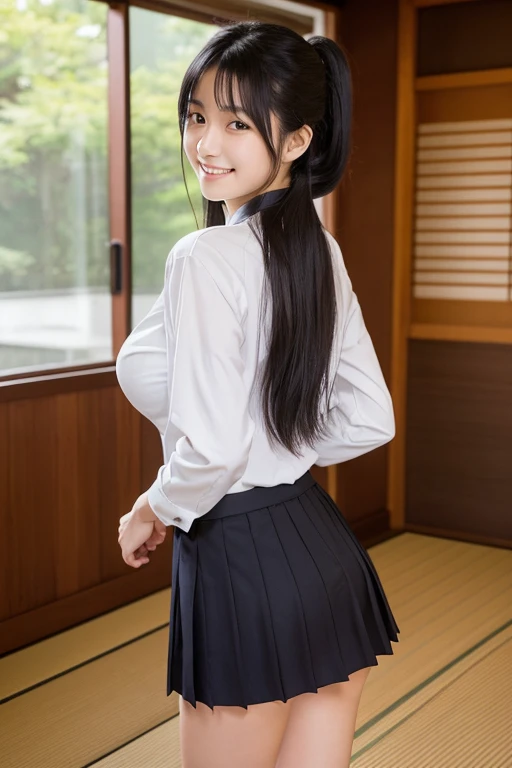 1 girl,beautiful, 18-year-old,Masterpiece, Highest quality, Saeko Matsushita,Japanese sexy actress,solo, High resolution, smile, Black Hair, Gaze, Long Hair, Super big breasts,The best goddess in Japan,slender,Kubire in the lower back,School,Kendo Hall,Uniform,ponytail