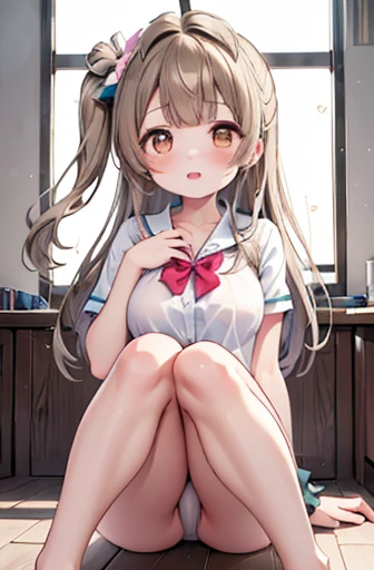 Minami Kotori、Minami Kotori、Brown Hair、(Degree of brown eyes:1.5)、One side up、ヘアribbon、ribbon、length、naked、Nipples、Looking for break viewer、Indoor break、classroom、break (masterpiece:1.2)、Highest quality、High resolution、unity 8k wallpaper、(Raise your consciousness:0.8)、(Beautiful and beautiful eyes:1.6)、Highly detailed face、Perfect lighting、Detailed CG、 (Perfect hands、Perfect Anatomy)、Looking at the audience、blush、Laughter、School, Sit with your knees bent、eight-headed body、Beautiful legs 、School内、As if looking up from below、(Place your knees on your chest),Large Breasts