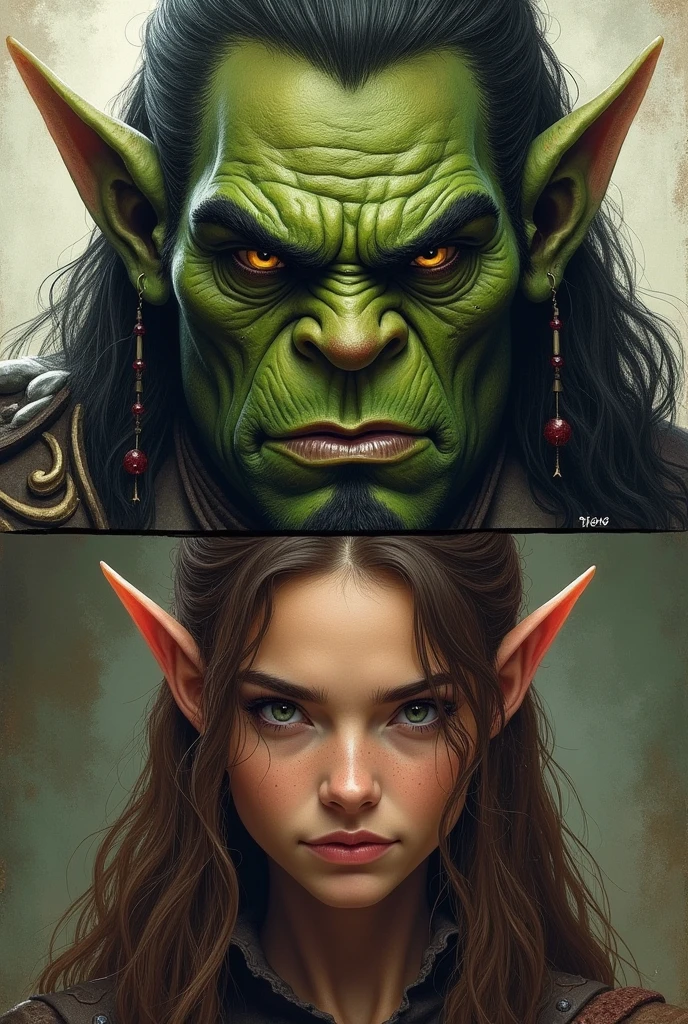 give me a human, arc, and olf with a 3 by 3 collage showing the upper portion is a warrior human, the middle is a green rugged orc, and the lower is the long-haired elf with a sharp look