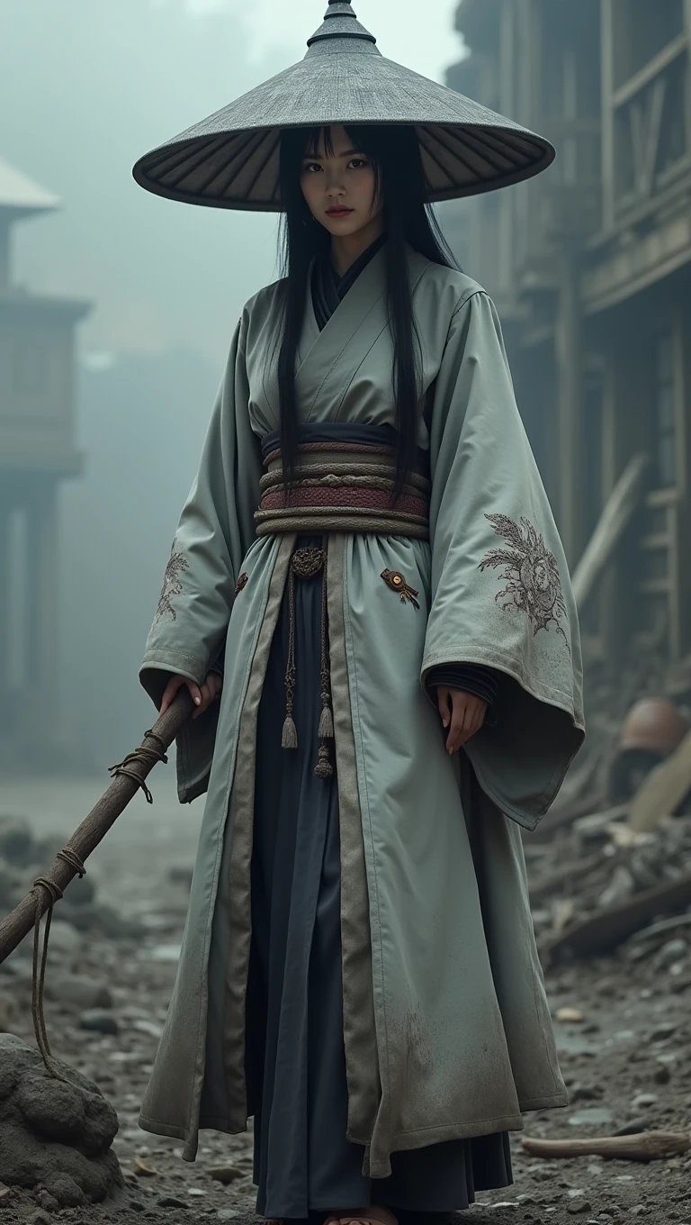 a Japanese witch , wearing a gray cloak mixed with kimono and a gray and black pointed witch hat. Behind her is a post-apocalyptic world with a dark fog.