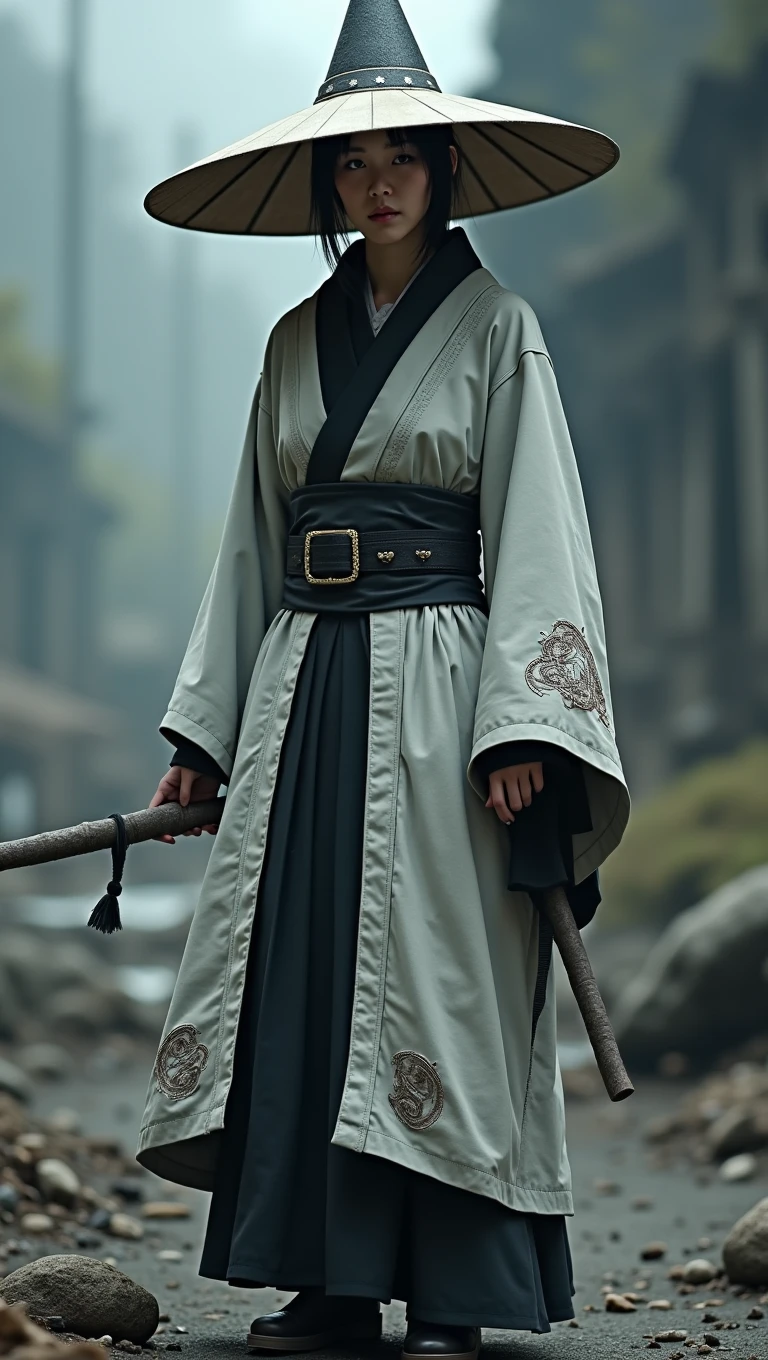 a Japanese witch , wearing a gray cloak mixed with kimono and a gray and black pointed witch hat. Behind her is a post-apocalyptic world with a dark fog.
