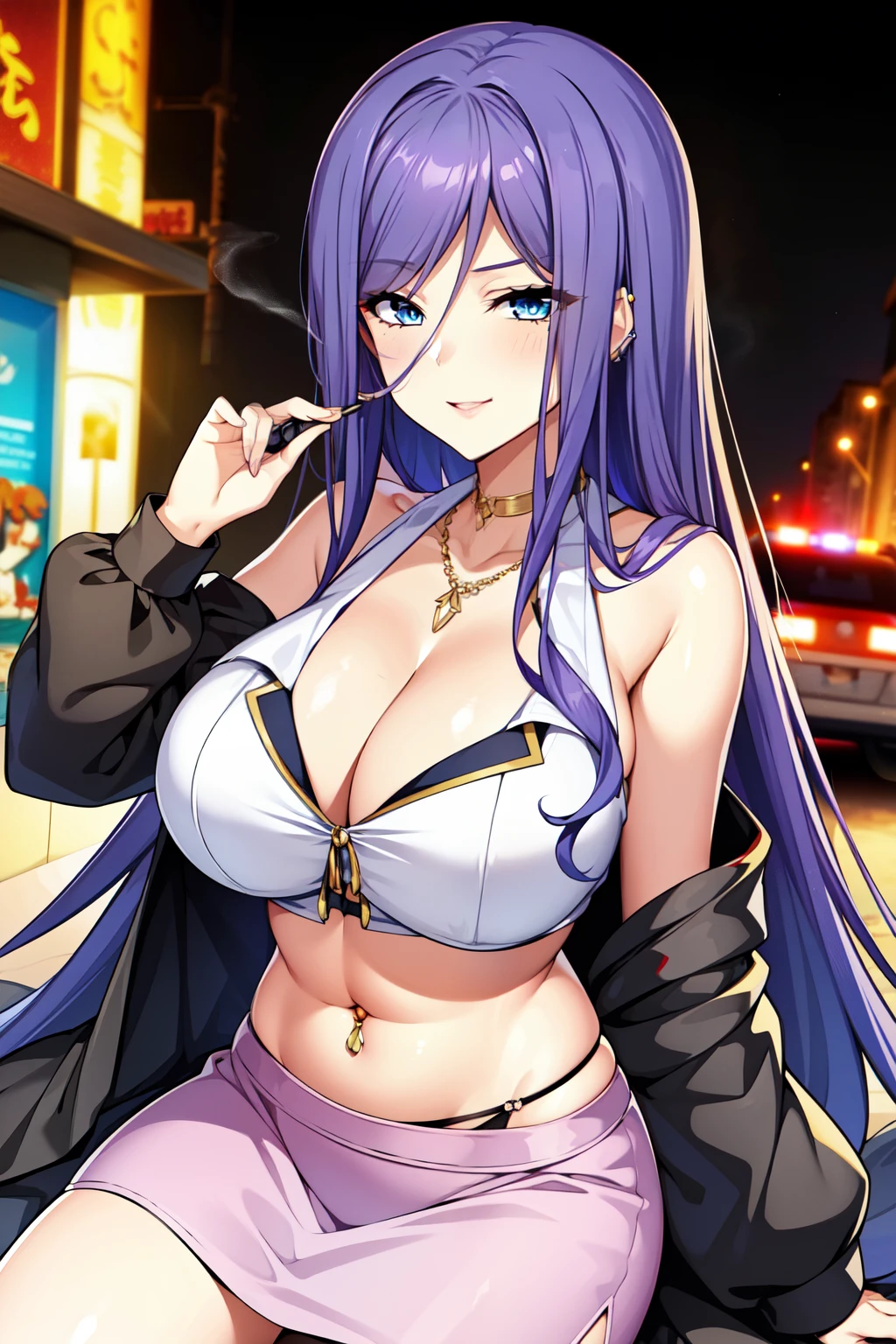 jewelry,gem, necklace, 
blue eyes, purple hair,long hair,Bangs,
long hair, lipstick, smile, Hot girl, baddie, staring, glaring, bad attitude, mean girl, dare, angry, hate, crazy, smoking, sensual, attractive, masterpiece, best quality, highly detailed, a anime girl in police uniforms , police outfit, military outfit,
open mouth, cleavage, evil smile, smile, ecchi anime style, anime girl, digital anime art!!, in anime
style,, official artwork, , beautiful anime girl, anime style 4 k, micro pencil
skirt, pencil skirt, micro skirt, exposed
belly, exposed navel, exposed midriff, exposed lower belly, holding a gun, holding pistol,next to police
car,outdoor,street,road, police car, navel piercing