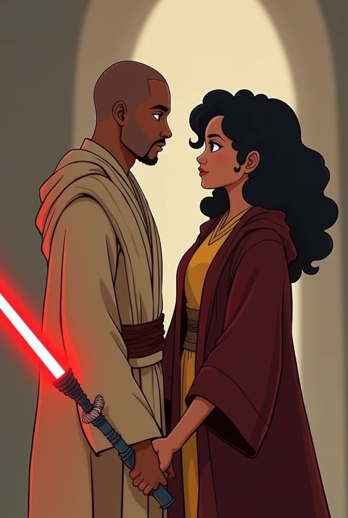 couple of man and woman where the man is dressed as a jedi with a red lightsaber in his hand and bald and the woman has light brown skin, black curly hair and dressed in Gryffindor clothes. They're looking at each other. style cartoon. Star Wars scenario