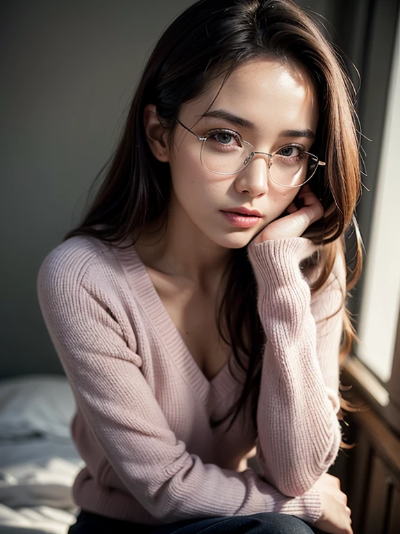 nsfw, (masterpiece:1.2, highest quality), (Realistic, photoRealistic:1.4), Beautiful illustrations, (Natural Side Lighting, Cinema Lighting), Written boundary depth, Beautiful thighs staring at the viewer, (((Face Focus, Upper Body))), 1 female, 30-year-old, alone, thin, slender, (small breasts), long Hair, straight Hair, Forehead, Forehead, Forehead, Forehead, thin, slender, glasses, vivid pink sweater, sexy pencil skirt, Are standing, ((Close-up)), ((Close-up)), ((Close-up))