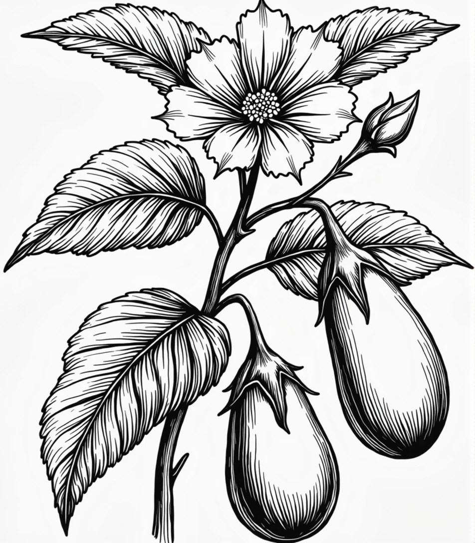 detailed, black and white botanical illustration of an eggplant plant. The image should prominently feature the plant's large leaves, a clearly defined flower, and two eggplants. The style should resemble a vintage botanical drawing with light line work and minimal black shading, focusing on capturing the delicate details of the flower and the natural elements without heavy shadows