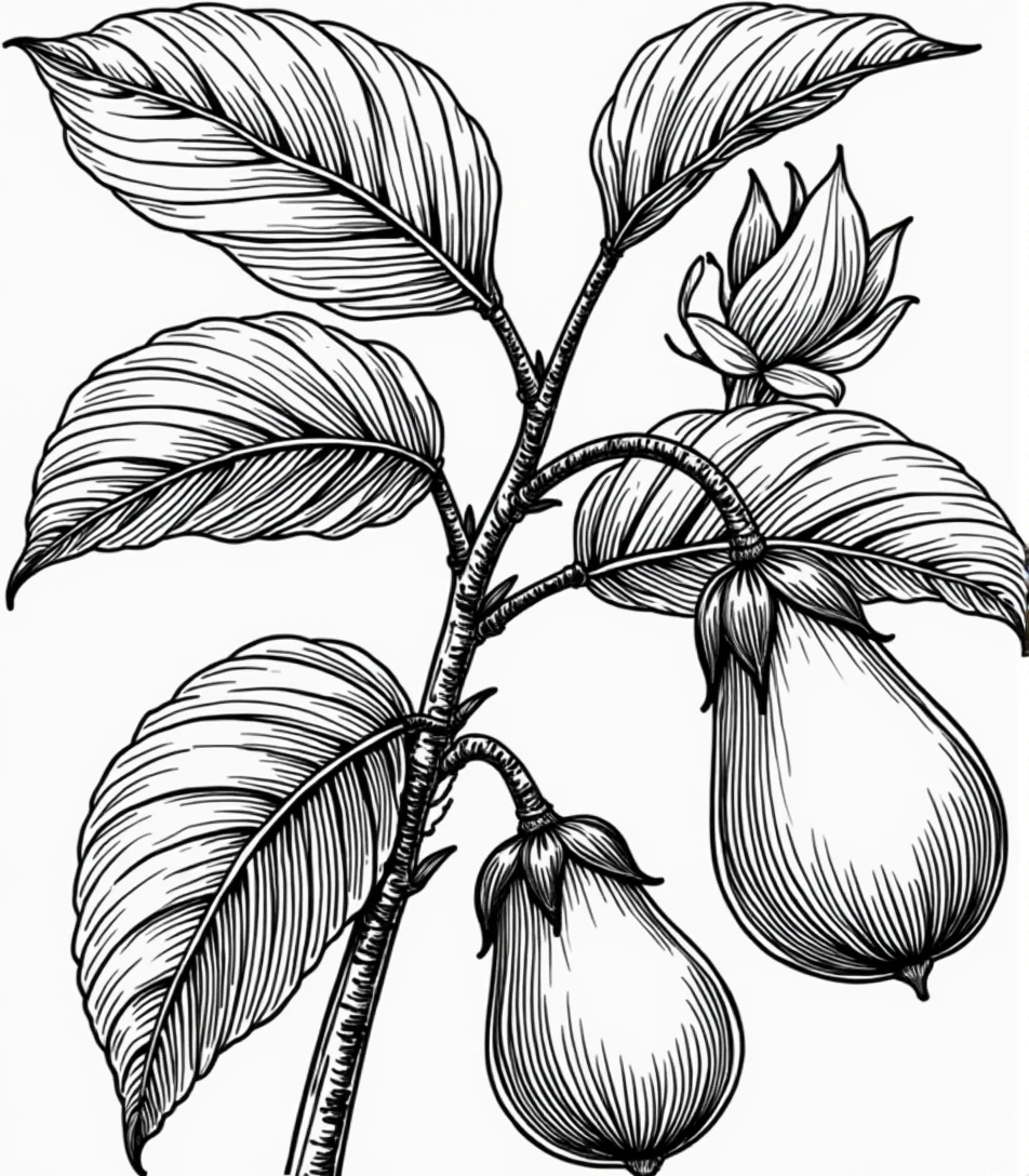 detailed, black and white botanical illustration of an eggplant plant. The image should prominently feature the plant's large leaves, a clearly defined flower, and two eggplants. The style should resemble a vintage botanical drawing with light line work and minimal black shading, focusing on capturing the delicate details of the flower and the natural elements without heavy shadows