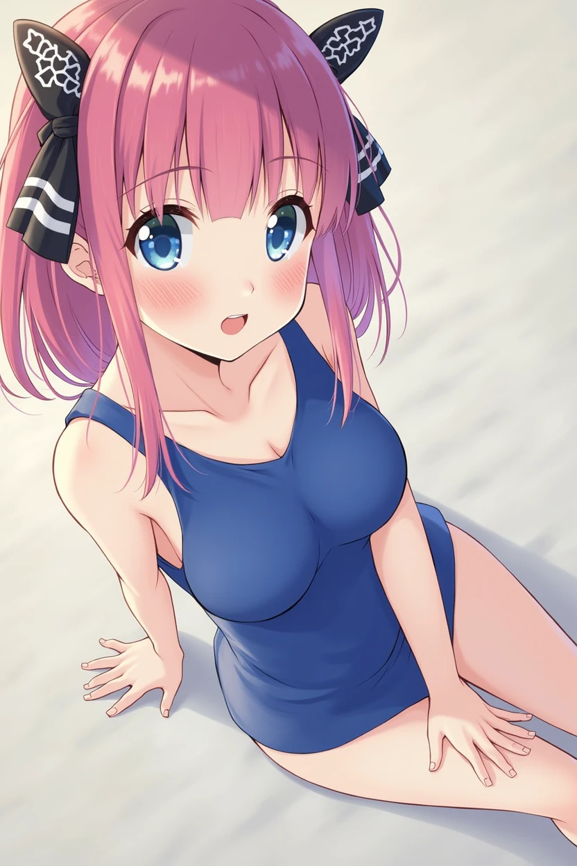 best quality, insanely detailed, nino nakano, breasts, blush, pussy, smile, cheerful eye, nsfw, naked,bangs, pink_hair, blunt_bangs, hair_ornament, butterfly_hair_ornament, ribbon, black_ribbon, blue_eyes, blush, hair_ribbon, twintails, long_hair