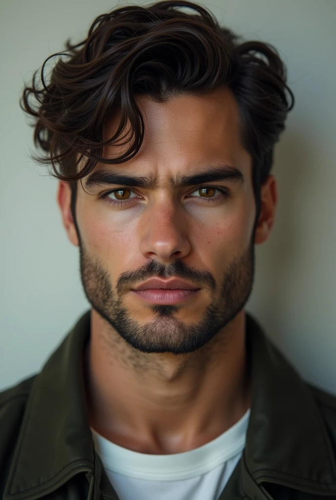 Handsome white man, about 27 years old, Shaved beard, light brown eyes, dark brown wavy hair, similar to Theo James, with an unsympathetic appearance