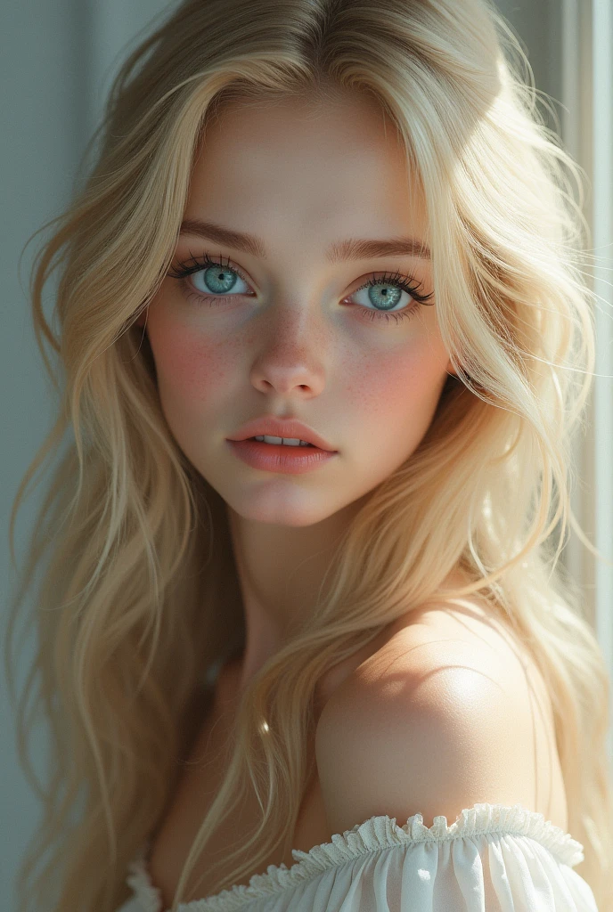 blonde hair girl, blue eyes and pale complexion