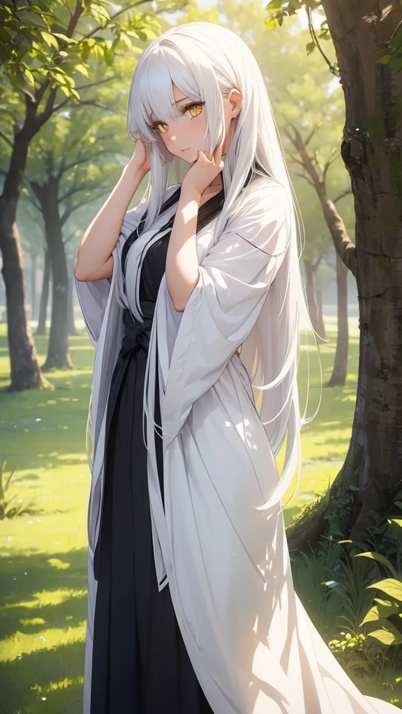 a beautiful girl leaning against a tree while standing and touching her head with her hands as if she is depressed, wearing white clothes, long white hair and beautiful yellow eyes.