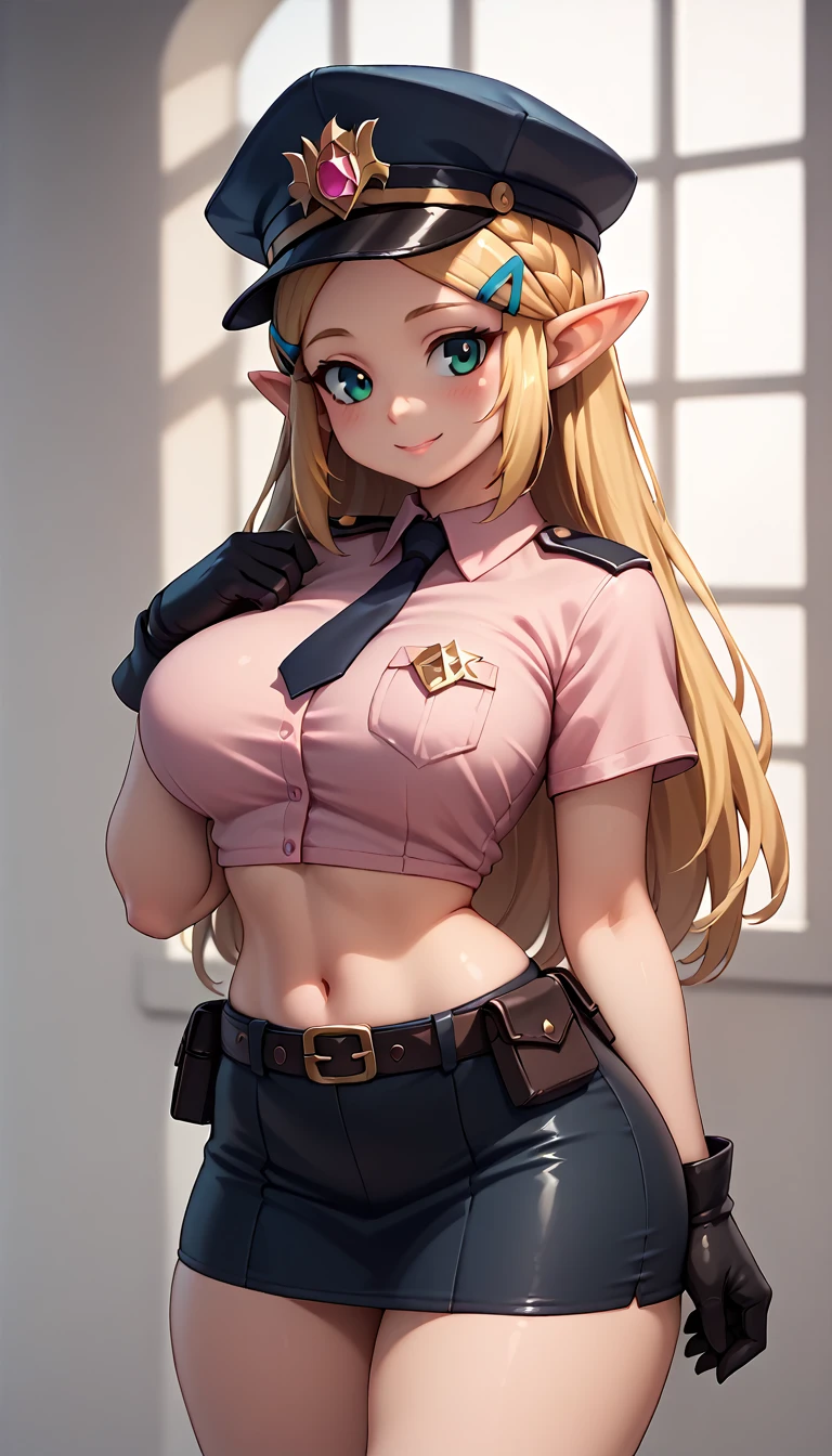 High resolution, Very detailed, perfect lighting, beautiful detailed eyes, ((masterpiece,Best Quality)), absurdities, alone, princess zelda, by the width, crown braid, Hair clip, pointy ears, Gloves without fingers, black gloves, smile, curves, nod, , deep neckline, deep neckline, sexy pink police costume, touching her breasts in a sexy way, close up, looking ahead, tight short skirt, pink cropped fitted shirt, police hat