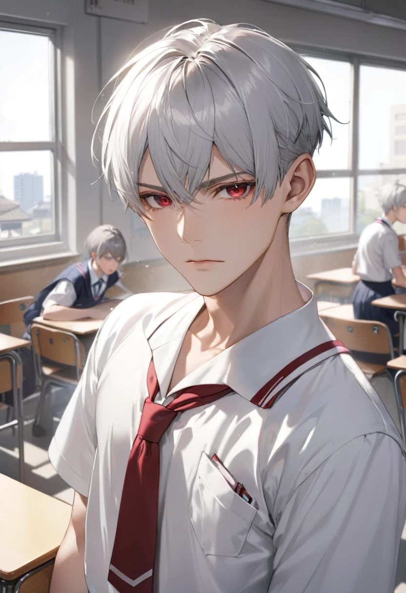 (school life style), (solo:2, 16 yo) (beautiful detailed crew cut) (best silver hair very short hair) (divine fighter guy) (detailed cool red eyes) (serious face), (in a detailed boy's white japanese high school uniform), break, in the school classroom, background white flash, BREAK, perfect anatomy, masterpiece, best quality, 16k, beautiful detailed grow, daydreaming expression.