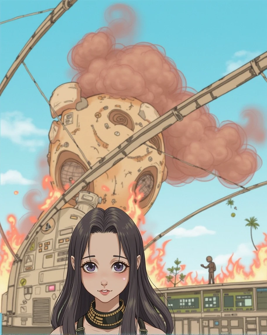 (best qualityer,ultra detali,the best illustration,best shade,Masterpiece artwork,high resolution,professional art,Famous Art)strange humanoid woman, looking curiously at the viewer, from a strange angle ,woman around 17 years old ,20 year, alien woman floating in spaceship without power and on fire, alien spaceship ,