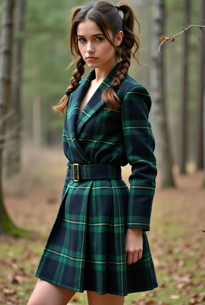 a girl wearing Vintage 70's,Scottish Tartan, Plaid Kilt.Wrap Skirt, Green Navy and Black, Tartan Wool Skirt now imagine shes looking at me, socks on and shes 18 years old and shes flashing her (small) boobs whilst she is giving a sexual face, double ponytail tied hair, brunette and make the skirt length to be till her knee. make her nipples black
