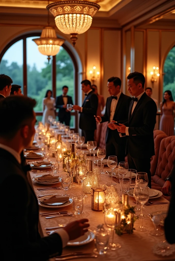 A group of fashionable people，Chinese，Parties，In the villa living room，evening，reunion，Reception，wine，Wine Tasting，Suit，High heel（Rich details），（Best quality），Film Style
