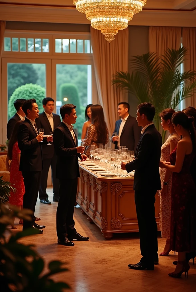 A group of fashionable people，Chinese，Parties，In the villa living room，evening，reunion，Reception，wine，Wine Tasting，Suit，High heel（Rich details），（Best quality），Film Style