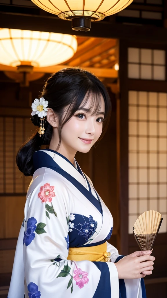 (Super beautiful woman in kimono)、((highest quality、8K masterpiece:1.3))、sharp focus:1.2、(super beautiful face:1.0)、(shiny skin:1.0)、realistic pictures、black hair、video lighting、High resolution eyes and face、video lighting、japanese actress、from the front、with a happy smile、whole body、wearing a kimono、in Kyoto、(luxury obi)、with a fan、Fireworks Display