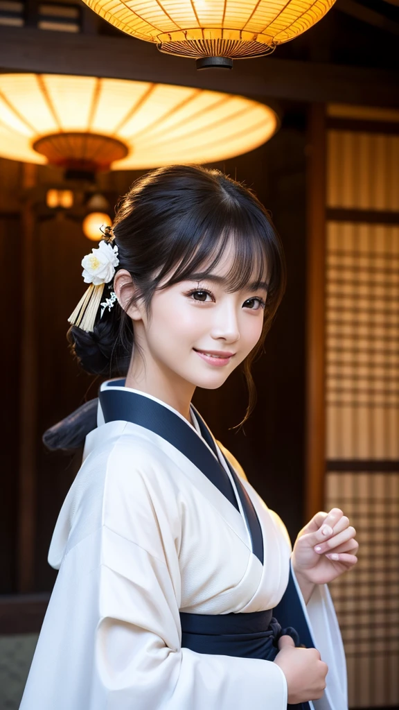 (Super beautiful woman in kimono)、((highest quality、8K masterpiece:1.3))、sharp focus:1.2、(super beautiful face:1.0)、(shiny skin:1.0)、realistic pictures、black hair、video lighting、High resolution eyes and face、video lighting、japanese actress、from the front、with a happy smile、whole body、wearing a kimono、in Kyoto、(luxury obi)、with a fan、Fireworks Display
