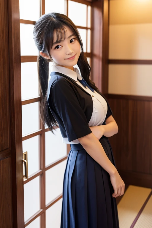 女のChild1人,beautiful, 18-year-old,Masterpiece, Highest quality, Matsushima Na々Child,Japanese sexy actress,solo, High resolution, smile, Black Hair, Gaze, Long Hair, Super big breasts,The best goddess in Japan,slender,Kubire in the lower back,School,Kendo Hall,Uniform,ponytail