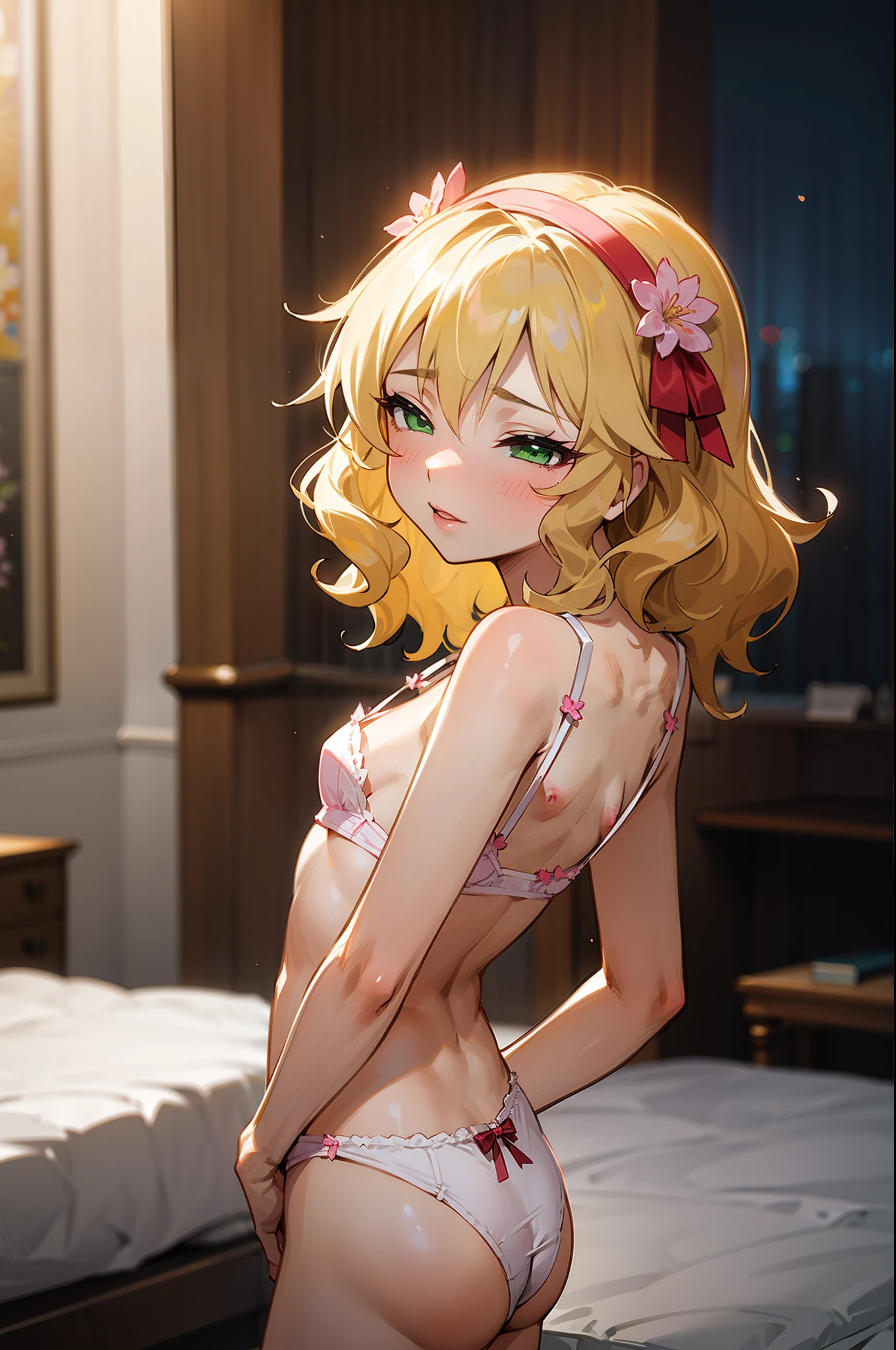 masterpiece,Highest quality, Very detailed,One girl(Sakurai Momoka, Nice small breasts, Wavy Hair,Blonde, head band, Pink flowers in the hair,Green Eyes, Half-closed eyes), Seductive face, Lips parted, nose blush, blush, In-person audience , View your viewers, alone, In the bedroom, at night, Are standing, Seduce your sexy waist (panties), (bra), (In underwear), (Flashy underwear), (lingerie), From behind, Butt,,((Flat Chest, Small breasts, flat chest))