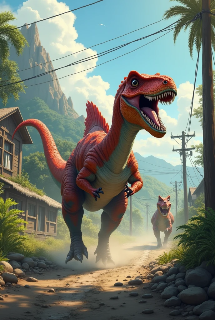 spinosaurus run to a town