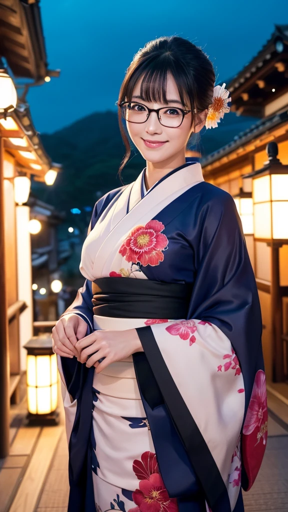 (Super beautiful woman in kimono)、((highest quality、8K masterpiece:1.3))、sharp focus:1.2、(super beautiful face:1.0)、(shiny skin:1.0)、realistic pictures、black hair、video lighting、High resolution eyes and face、video lighting、japanese actress、from the front、big breasts、with a happy smile、Slender abs beauty、whole body、wearing a kimono、in Kyoto、(((luxury obi)))、In Kyoto at night、wearing glasses with no edge、with a fan、Fireworks Display