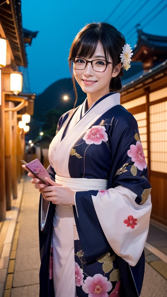 (Super beautiful woman in kimono)、((highest quality、8K masterpiece:1.3))、sharp focus:1.2、(super beautiful face:1.0)、(shiny skin:1.0)、realistic pictures、black hair、video lighting、High resolution eyes and face、video lighting、japanese actress、from the front、big breasts、with a happy smile、Slender abs beauty、whole body、wearing a kimono、in Kyoto、(((luxury obi)))、In Kyoto at night、wearing glasses with no edge、with a fan、Fireworks Display