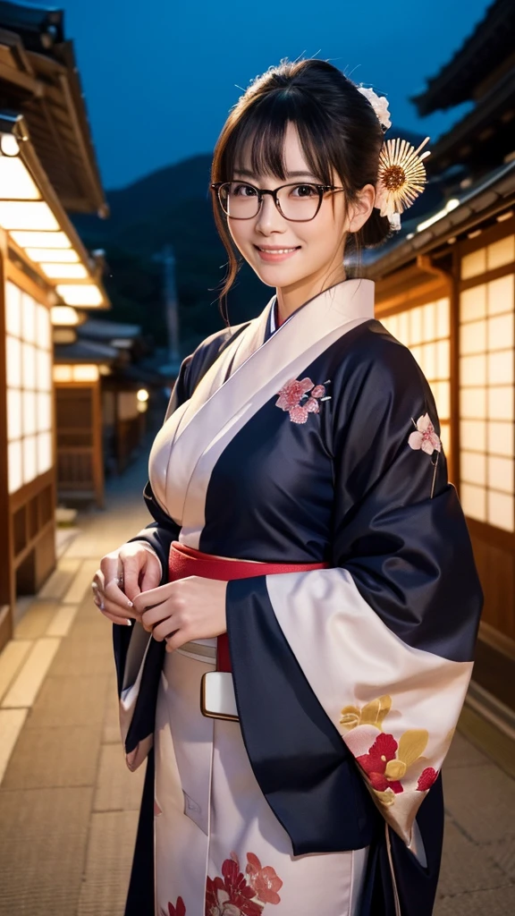 (Super beautiful woman in kimono)、((highest quality、8K masterpiece:1.3))、sharp focus:1.2、(super beautiful face:1.0)、(shiny skin:1.0)、realistic pictures、black hair、video lighting、High resolution eyes and face、video lighting、japanese actress、from the front、big breasts、with a happy smile、Slender abs beauty、whole body、wearing a kimono、in Kyoto、(((luxury obi)))、In Kyoto at night、wearing glasses with no edge、with a fan、Fireworks Display